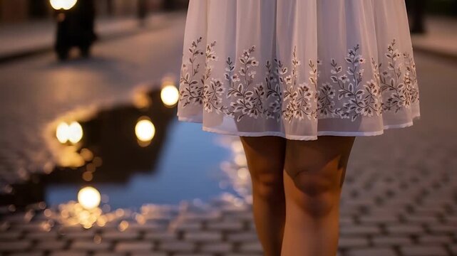lace hem dress on cobblestone street at dusk with reflections and bokeh lights