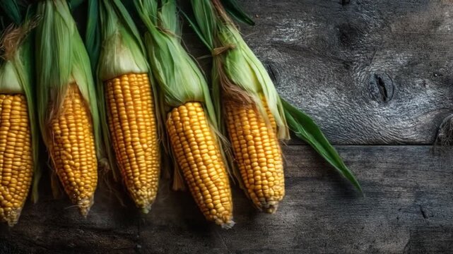 Rows of fresh corn cobs with golden kernels, husks peeled back on dark, weathered wooden old planks