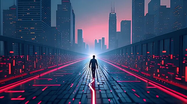 Human path overlaid with glowing algorithm lines and decision nodes, modern algorithm driven life concept
