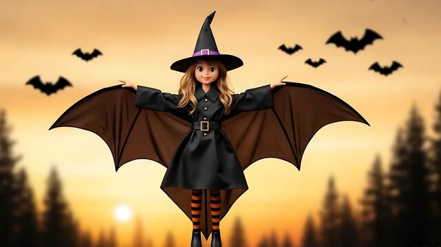 little witch with bat wings at sunset in halloween costume over trees