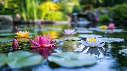 Vibrant water lilies blooming in a tranquil pond with blurred green background