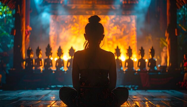 Back view of Javanese dalang with wayang kulit and glowing screen