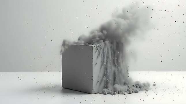 Solid block slowly dissolving into fine particles from one corner, trust erosion and brand confidence loss concept
