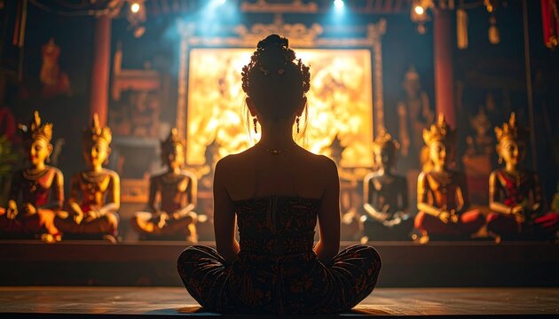 Back view of Javanese dalang with wayang kulit and glowing screen