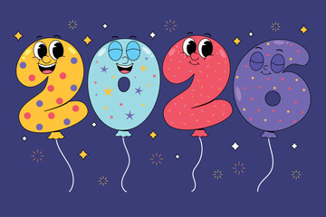 Happy 2026 Balloons with Cheerful Cartoon Faces