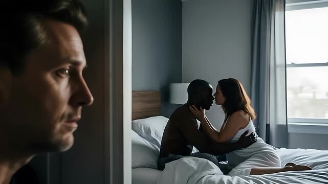 man watches couple in dim bedroom from doorway, emotional tension