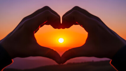 Hands forming heart shape over sunset