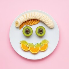 Whimsical fruit face composition on plate portraying joy and healthy choices
