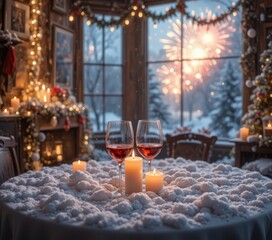 Romantic Christmas dinner setting with snow and fireworks view