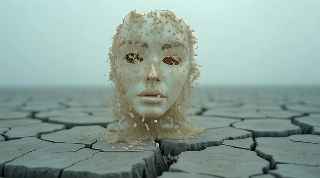 Minimal face mask floating above cracked surface, emotional labor and forced positivity concept

