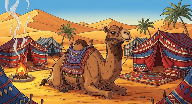 Camel resting in a desert encampment.