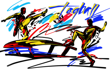 Men's teqball action kicking the ball across the table​ and​Text​ freehand​