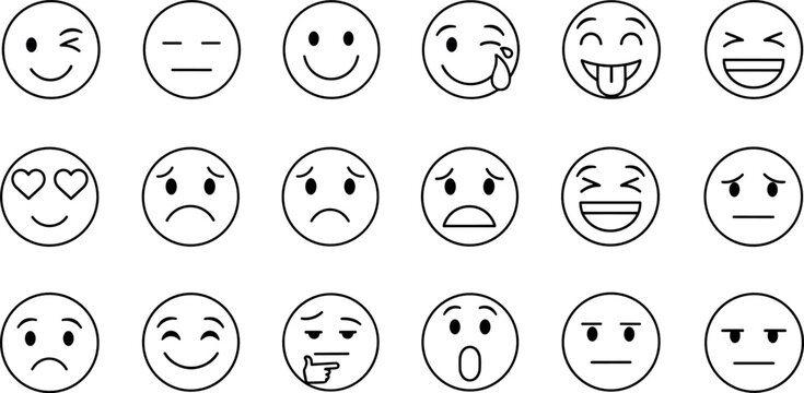 Emoji Facial Expression Line Icons Set Featuring Emotions, Feelings, Reactions, Mood Symbols and User Interface Communication Elements