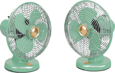 Vintage Green Electric Desk Fan 3D Illustration Featuring Retro Home Appliance, Cooling Ventilation Device and Summer Air Circulation Concept