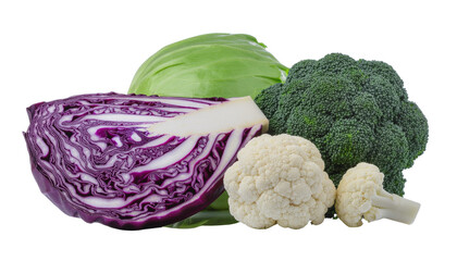 Assorted fresh broccoli, cauliflower, and colorful cabbage on a white background
