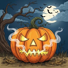 Whimsical halloween night illustration featuring a smoking pumpkin under the moonlight spectacle
