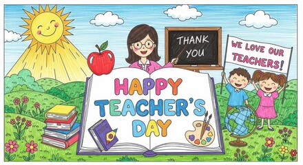 Whimsical illustration celebrating teachers' day with happy characters and educational elements