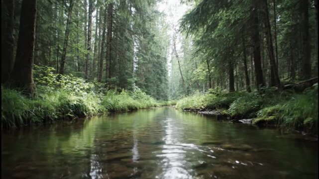 A serene and immersive low-angle perspective of a crystal-clear stream gently flowing through a lush, vibrant forest. Tall, majestic evergreen trees line both banks, their dense canopies creating a na