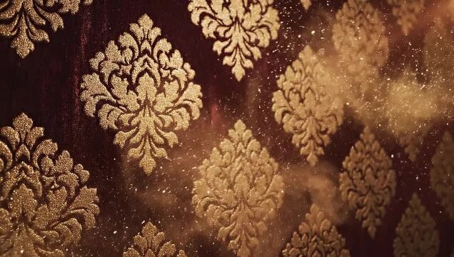 Elegant Damask Pattern with Golden Sparkles and Smoke.