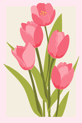 Tulips. A vintage postcard featuring bright pink hand-drawn tulips. A modern, minimalist retro illustration.