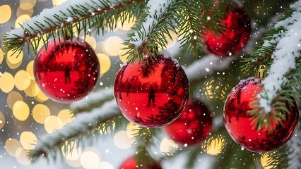 Festive red ornaments hanging on snowy pine branches with sparkling holiday lights creating a warm, cozy winter atmosphere