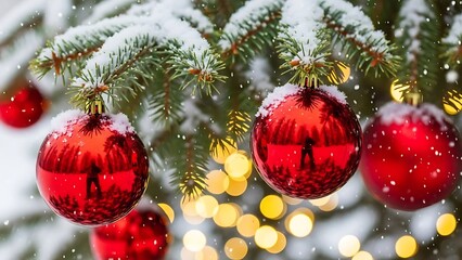 Festive red ornaments hanging on snowy pine branches with sparkling holiday lights creating a warm, cozy winter atmosphere