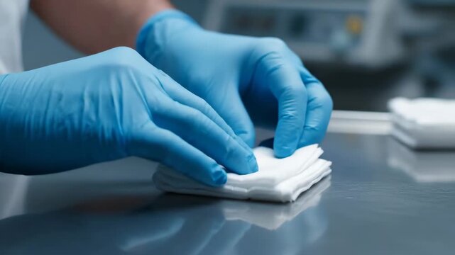 Medical professional hands in blue gloves preparing sterile gauze pads