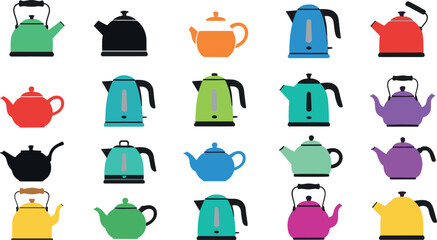 Colorful Kettle and Teapot Flat Illustration Vector Set Featuring Electric Kettles, Tea Pots, Kitchen Appliances and Beverage Preparation Design Concepts