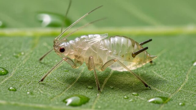 Translucent Aphid on Leaf Surface with Water Droplets Close-up Macro of Garden Pest and Plant Infestation