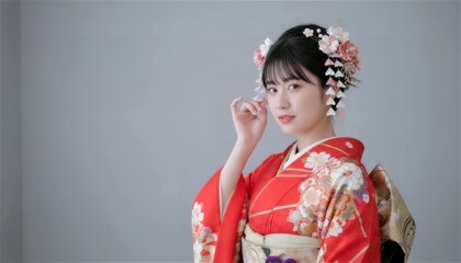 Fototapeta premium 赤い振袖と豪華な髪飾りでポーズをとる日本人女性