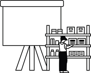 A man is standing in front of a shelf with a white board behind him