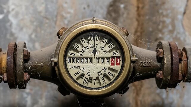 rusty water meter on pipe closeup with dial gauge