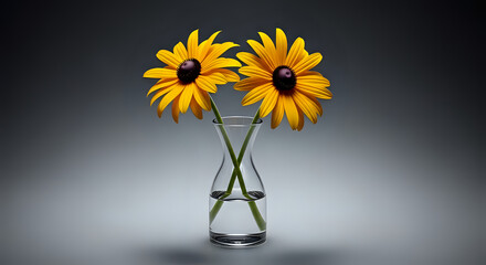 Fototapeta premium Two Yellow Rudbeckia Flowers in a Clear Glass Vase