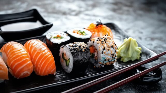 Assorted sushi on a dark slate salmon nigiri, sesame maki, cucumber, wasabi, ginger, chopsticks.yum
