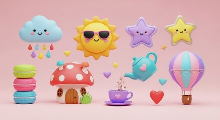 Whimsical pastel dreamland featuring charming cartoon elements against a pink backdrop