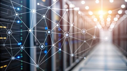 A modern data center with servers connected by a network graphic, illustrating technology and connectivity.