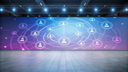 A vibrant digital wall display featuring interconnected user icons, symbolizing social networks and communication in a modern workspace.