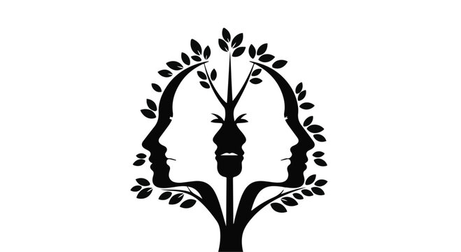 Symbolic tree of life formed by two profiles and inner faces, representing connection and growth.
