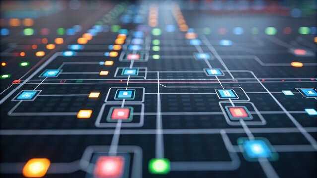 A vibrant, abstract digital network featuring colorful nodes and interconnected lines, representing data flow or technology. - Powered by Adobe