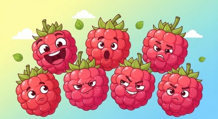 Whimsical raspberry characters expressing diverse emotions on a colorful background with playful