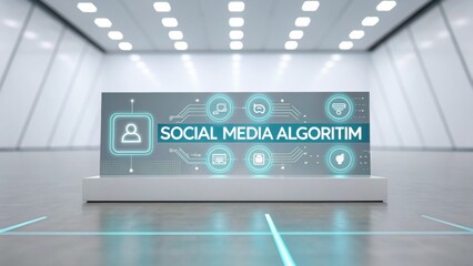 A futuristic display showcases "Social Media Algorithm" with digital icons in a sleek, modern environment.