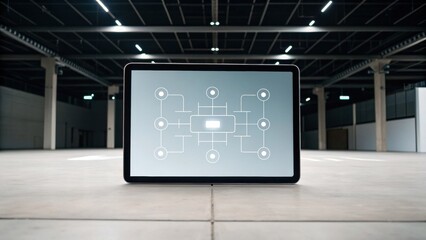 A digital screen displaying a flowchart or network diagram, set in an industrial space with minimalistic design.
