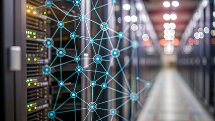 A close-up view of server racks with a digital network overlay, showcasing data connections and modern technology in a data center environment.