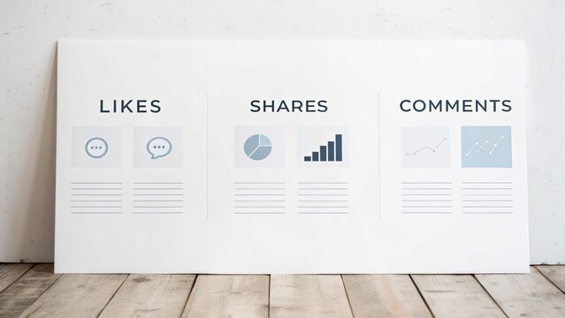 A minimalist graphic displaying metrics for social media engagement: likes, shares, and comments. - Powered by Adobe