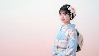 淡い水色の振袖を着用し微笑む日本人女性