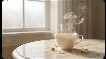 Steaming Cup of Hot Coffee on Marble Table in Soft Morning Sunlight