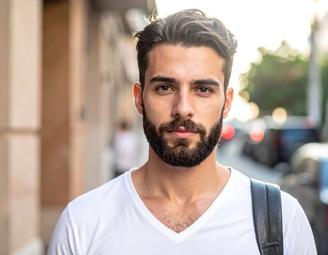 A man with a beard stares intently at the camera outdoors