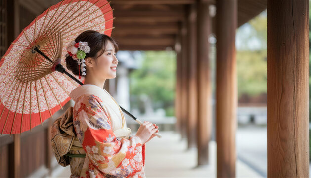 寺院の回廊で赤い和傘を差す振袖姿の日本人女性