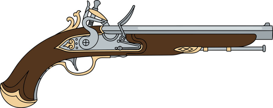 Vintage Flintlock Pistol Illustration Vector Featuring Historical Firearm, Antique Weapon Design, Classic Gun Mechanism and Old Military Equipment Concept