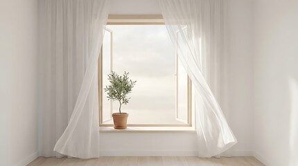 Serene Sunlight Interior: A tranquil indoor scene featuring a sunlit window with flowing curtains and a potted plant, evoking feelings of calm and serenity.